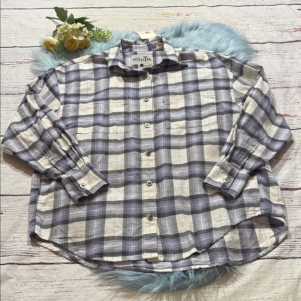 NWT Levi’s Silver Tab Blue White Plaid Flannel Button Down sz S